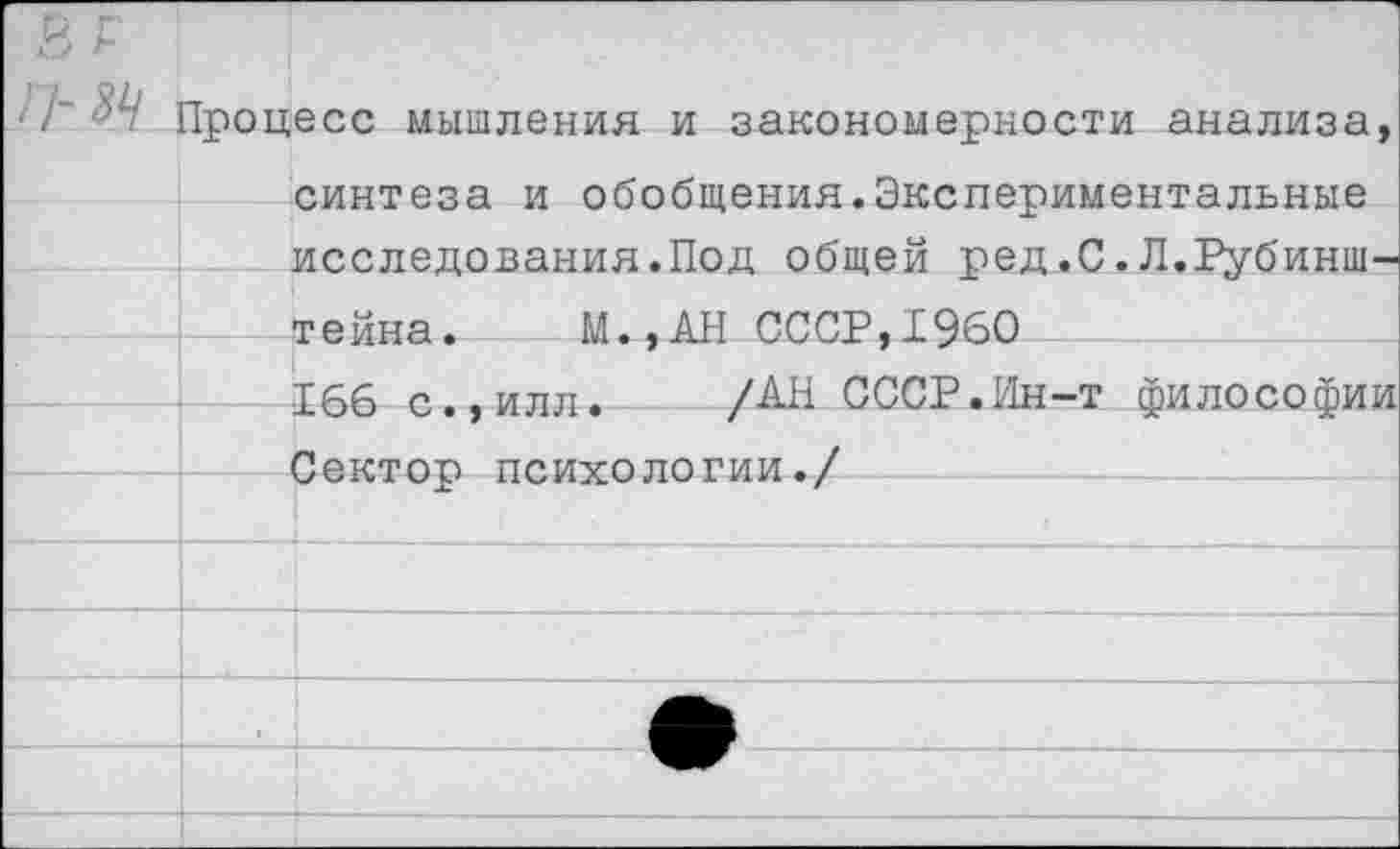 ﻿В г Л-*и	Процесс мышления и закономерности анализа, синтеза и обобщения.Экслериментальные исследования.Под общей ред.С.Л.Рубинштейна.	М..АН СССР.1960	
			-	” ж	-	# 166 с.,илл.	/АН СССР. Ин-т философии Пектот) пс.итологии. /
		
		
		
	■	
		